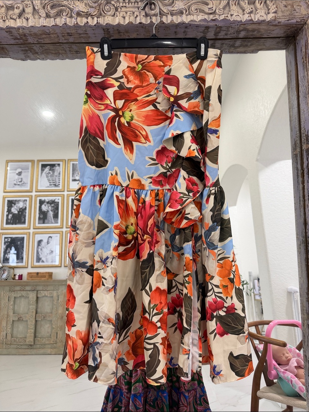 Source Unknown Floral Midi Skirt - Cream, Blue, Orange, Red